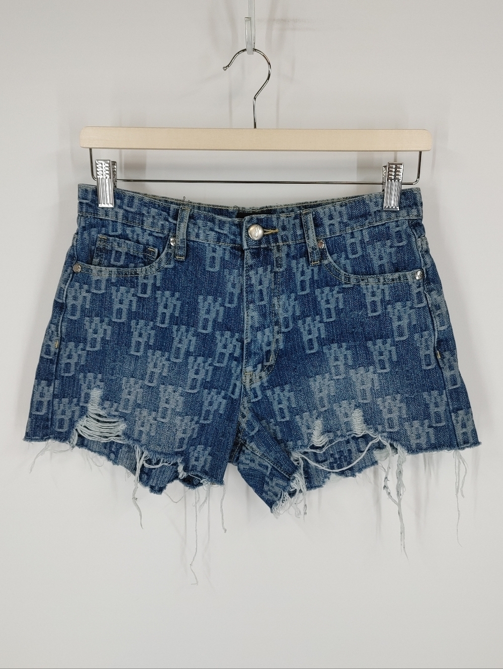 We11done Distressed Monogram Denim Shorts